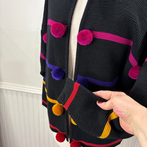 Vintage Doncaster Size M Cardigan Sweater 3D Pom Pom Boxy Wool Blend Rainbow - Picture 9 of 14